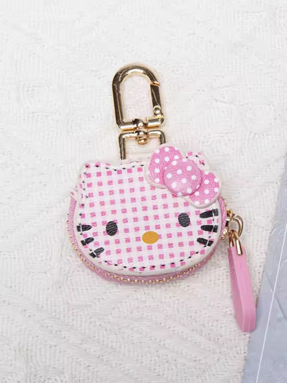 Hello Kitty Pink Gingham Coin Pouch Keychain with Gold Hardware